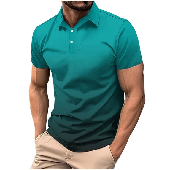 IROINNID Men's Gradient Color Short Sleeve Collared Shirt Casual Summer Top Lightweight Breathable Everyday Wear with Classic Button Front and Versatile Style