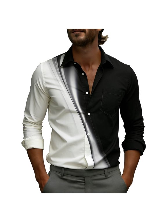 Men's Half Black Half White Colorblock Gradient Button-Up Shirt Long Sleeve Turndown Collar Chest Pocket Casual Business Daily Wear Top