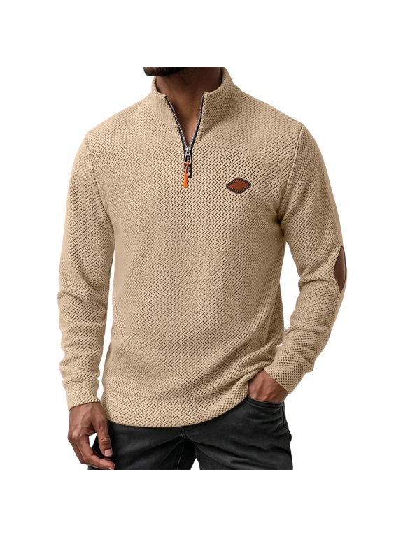Men's Half Zip Textured Pullover Long Sleeve Mock Neck Casual Top with Elbow Patch Detail for Fall Winter Daily Wear