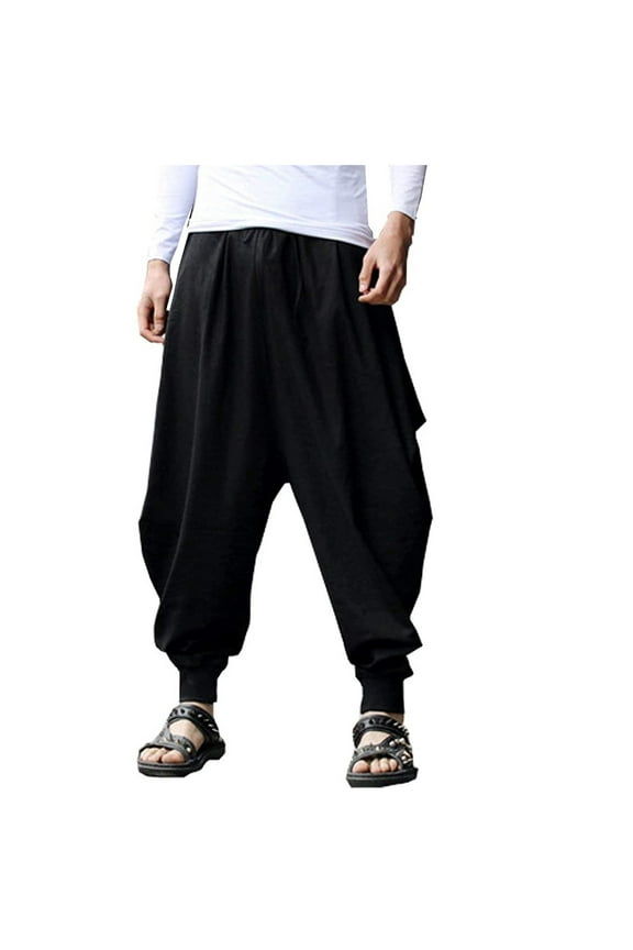 Men's Harem Pants Solid Color Cotton Linen Plus Size Stretchy Waist Ankle Length Pants Comfort Waist Pants