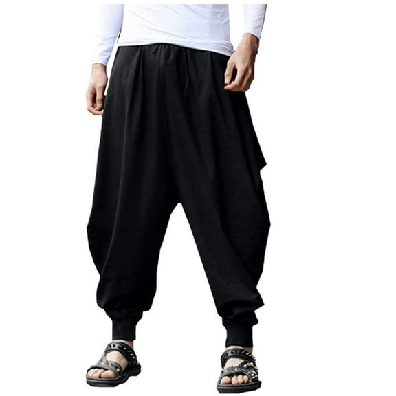 IROINNID Men's Harem Pants Solid Color Cotton Linen Plus Size Stretchy Waist Ankle Length Pants Comfort Waist Pants