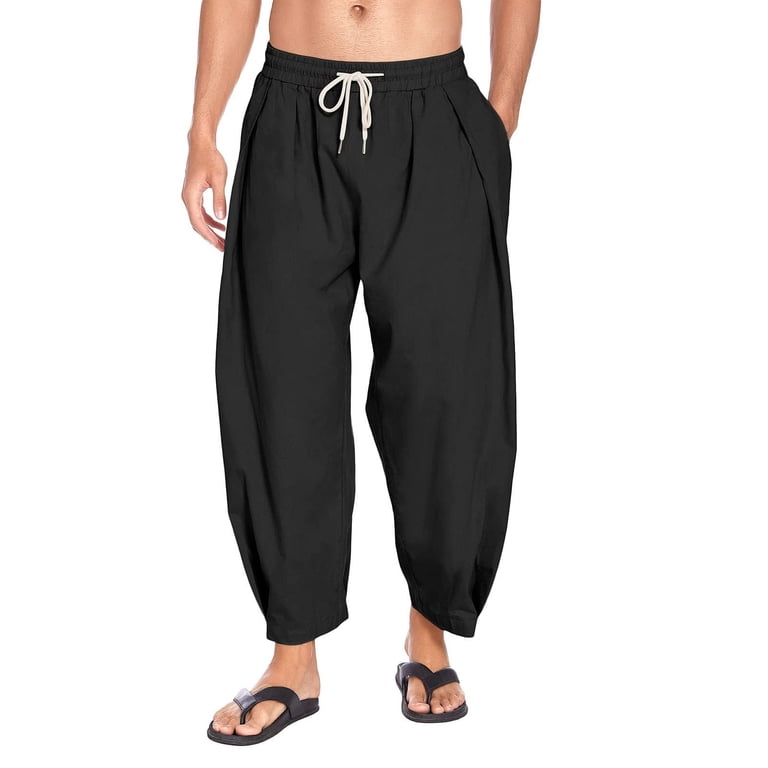 IROINNID Men's Harem Pants Solid Color Summer Drawstring Elastic Loose  Trousers Comfort Waist Cigarette Pants