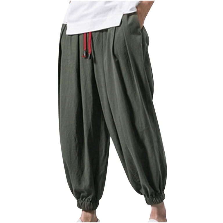 cigarette pants mens IROINNID Men's Harem Pants Solid Color Tether Closure Loose Flared Trousers  Comfort Waist Cigarette Pants