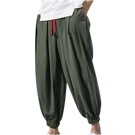 IROINNID Men's Harem Pants Solid Color Tether Closure Loose Flared Trousers Comfort Waist Cigarette Pants