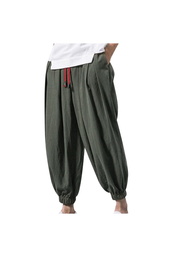 Men's Harem Pants Solid Color Tether Closure Loose Flared Trousers Comfort Waist Cigarette Pants