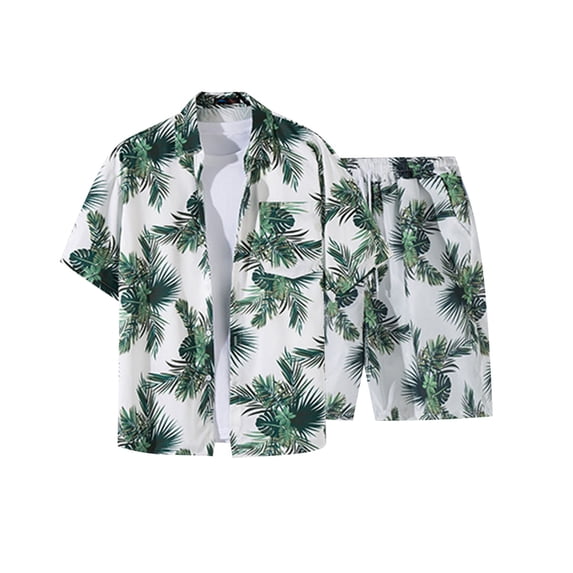 IROINNID Men's Hawaiian Tropical Print Button Down Shirt and Drawstring Shorts Set with Turndown Collar Pockets for Summer Beach Vacation Wear