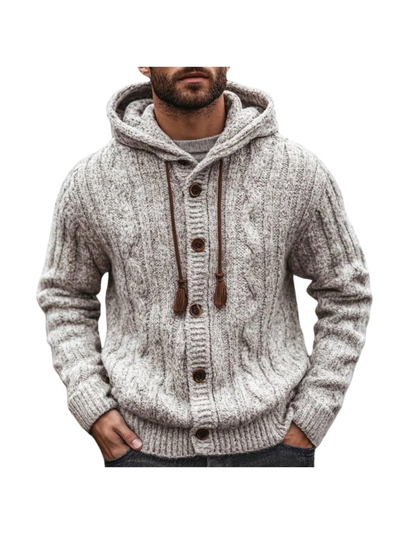 Men's Hooded Cable Knit Cardigan Sweater Button Up Front Drawstring Hoodie Winter Warm Casual Pullover Soft Heavyweight Knit Outdoor Everyday Essential Top