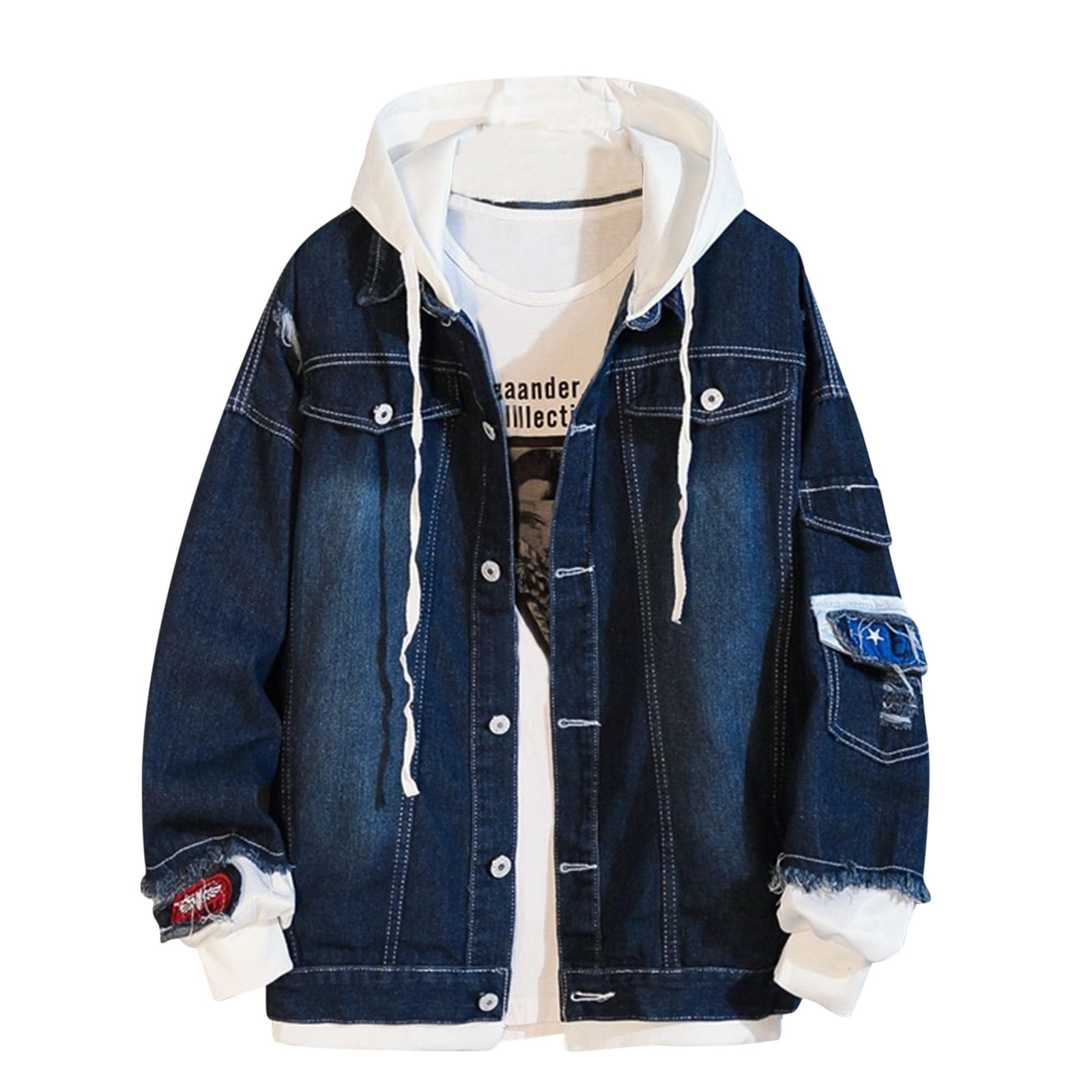 IROINNID Men's Hoodie Denim Jacket Long Sleeve Solid Color Loose Denim