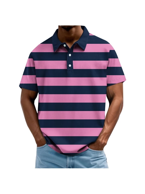 Men's Horizontal Striped Short Sleeve Collared Shirt Casual Loose Fit Button Down Tee Turndown Collar Summer Top Breathable Lightweight Knit