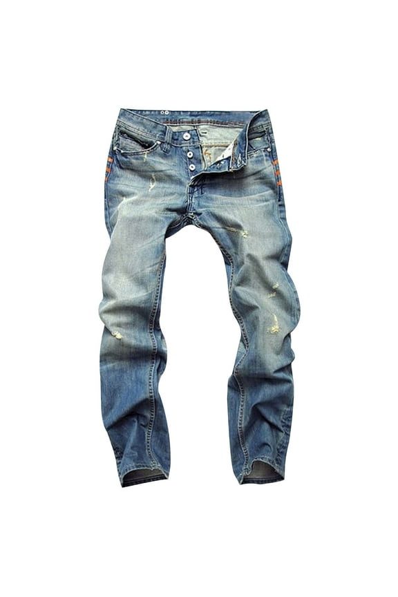 Men's Jeans Pants Solid Color Autumn Denim Cotton Straight Ripped Hole Trousers Full Length Rigid Waist Skinny Pants