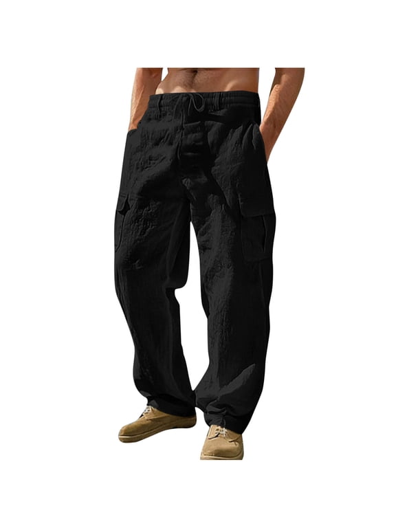 Men's Lightweight Cargo Pants Loose Straight Leg Drawstring Elastic Waist Utility Trousers with Multi Pockets Casual Outdoor Hiking Travel Workwear S-3XL