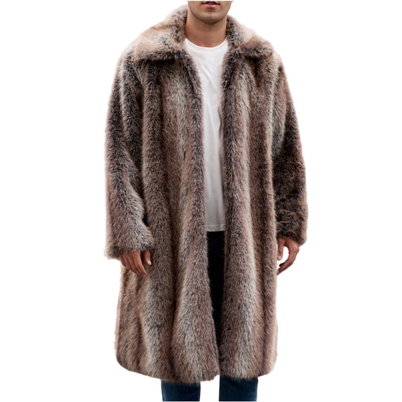 IROINNID Men's Long Plush Overcoat Open Front Winter Warm Fluffy Fleece Lined Jacket Lapel Collar Casual Streetwear Soft Comfortable Hoodless Outerwear