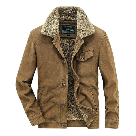 IROINNID Men's Long Sleeve Corduroy Turndown Lapel Mid-Length Jacket Solid Color Comfy Thickened Lamb Coat Corduroy Coat Stand Collar Pocket Leather Coat Windproof Warm Coat