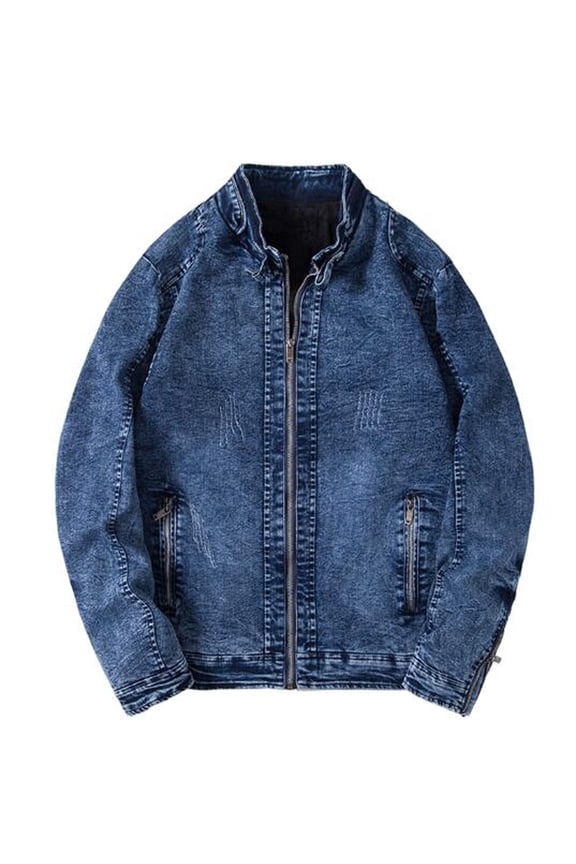 Men's Long Sleeve Denim Jacket Turndown Lapel Mid-Length Jacket Solid Color Leisure Autumn Spring And Autumn Faux Leather Jacket