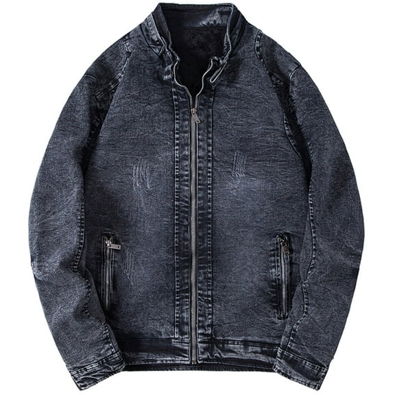 IROINNID Men's Long Sleeve Denim Jacket Turndown Lapel Mid-Length Jacket Solid Color Loose Autumn Spring And Autumn Faux Leather Jacket