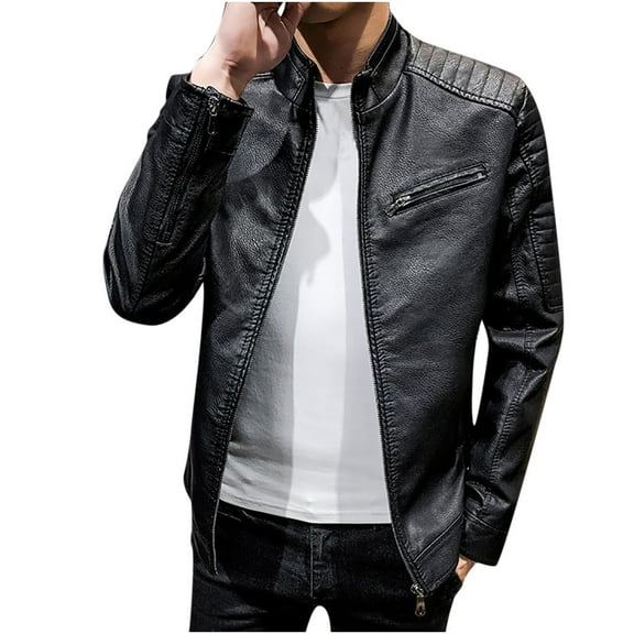 IROINNID Men's Long Sleeve Faux Leather Mid-Length Jacket Solid Color Loose Autumn Pure Color Stand Collar Imitation Leather Jacket Coat