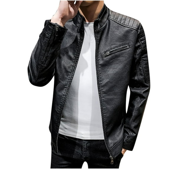 IROINNID Men's Long Sleeve Faux Leather Mid-Length Jacket Solid Color Loose Autumn Pure Color Stand Collar Imitation Leather Jacket Coat