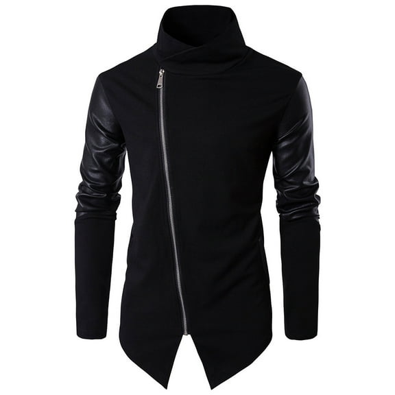 IROINNID Men's Long Sleeve Faux Leather Mid-Length Jacket Solid Color Loose Patchwork Sweater With Irregular Hem Stand Collar Slim Fitting Sweater Coat