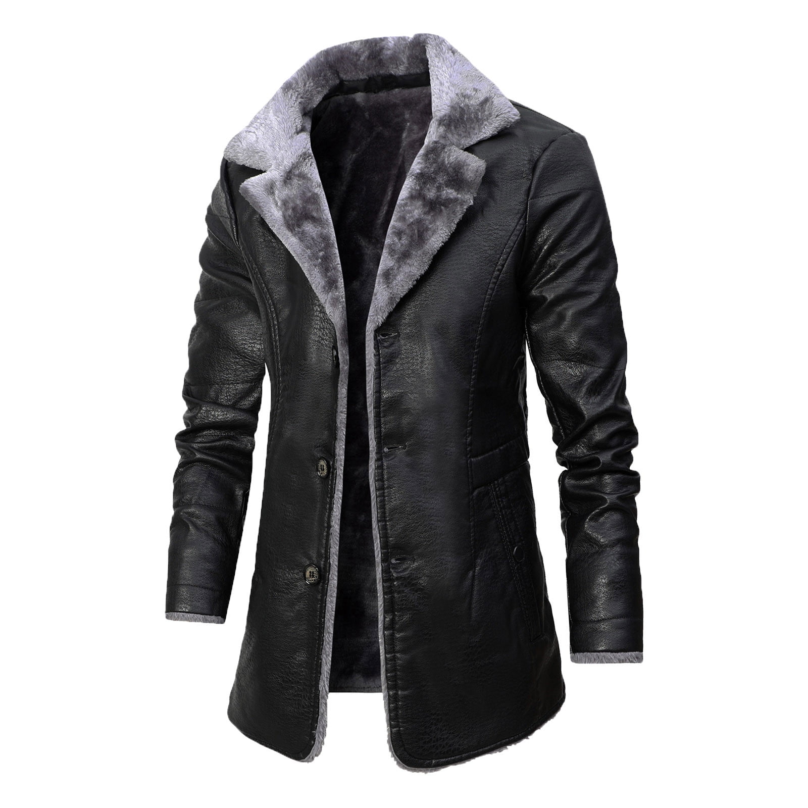 IROINNID Men's Long Sleeve Faux Leather Notch Lapel Hip-Length Jacket Solid Color Casual Mid-length Thicken Artificial Leather Turndown Slim Jacket Coats