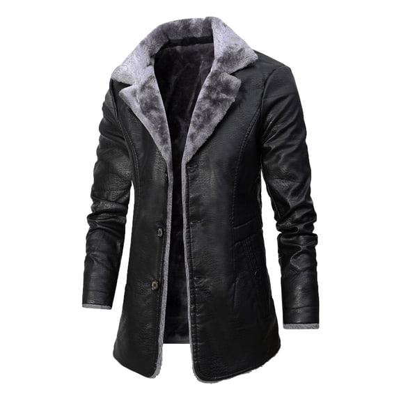 IROINNID Men's Long Sleeve Faux Leather Notch Lapel Hip-Length Jacket Solid Color Casual Mid-length Thicken Artificial Leather Turndown Slim Jacket Coats