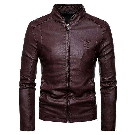 IROINNID Men's Long Sleeve Faux Leather Short Jacket Solid Color Casual Leather Plus Fleece Jacket Motorcycle Jacket Warm Leather Jacket