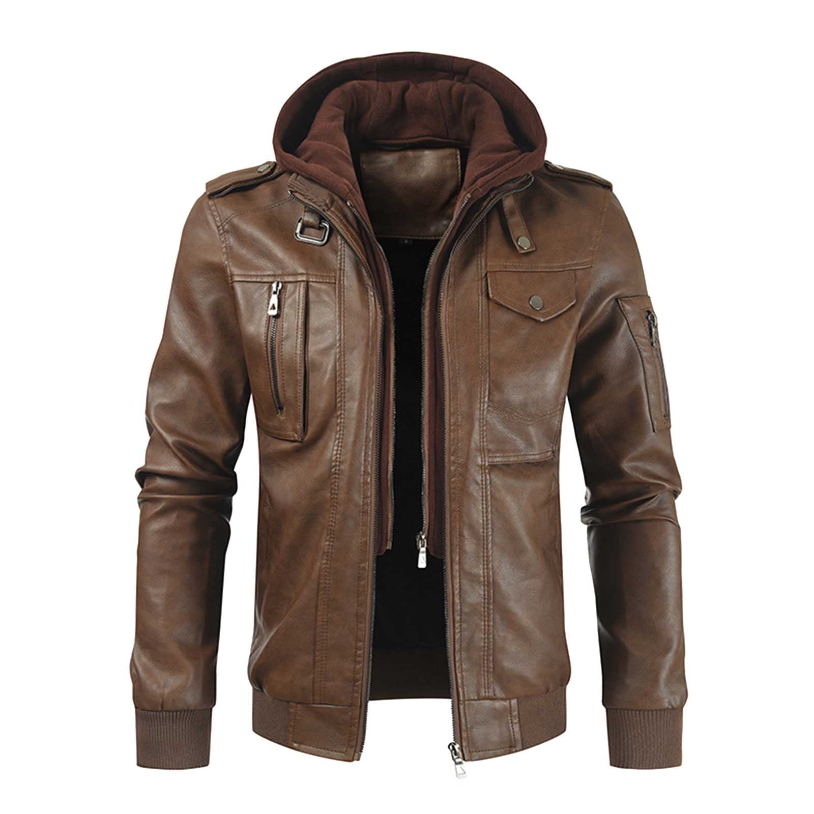 IROINNID Men's Long Sleeve Faux Leather Short Jacket Solid Color Casual ...