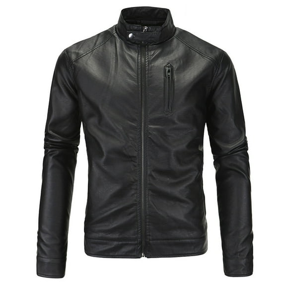 IROINNID Men's Long Sleeve Faux Leather Short Jacket Solid Color Comfy Leather Long Jacket Sleeve Pocket Fitted Top Coat