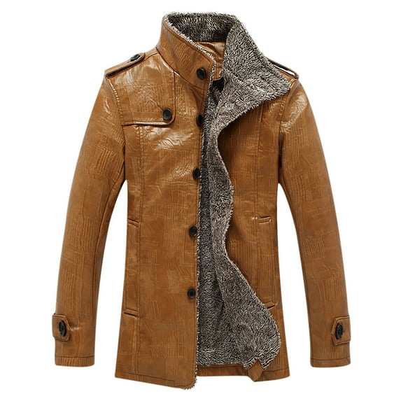 IROINNID Men's Long Sleeve Faux Leather Stand Collar Mid-Length Jacket Solid Color Comfy Thicken Stand-up Collar Leather Jacket Single-breasted Coats