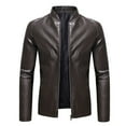 thumbnail image 1 of IROINNID Men's Long Sleeve Faux Leather Stand Collar Short Jacket Solid Color Comfy Warm Fit Thick Leather Long Jacket Pocket Fit Top Coat, 1 of 5
