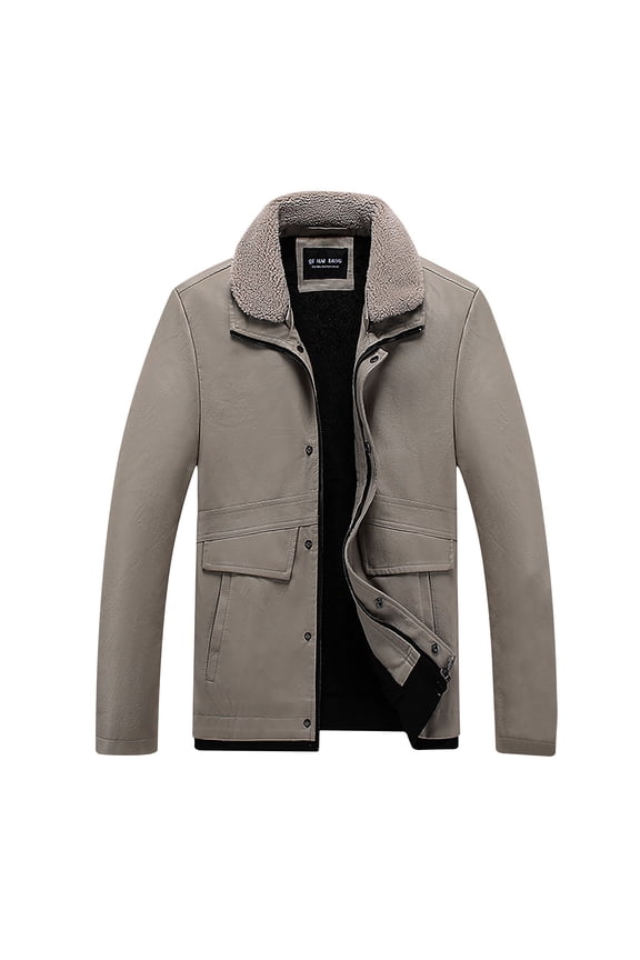 Men's Long Sleeve Faux Leather Turndown Lapel Mid-Length Jacket Solid Color Loose Thick Leather Coat Stand Collar Pocket Leather Coat Warm Windproof Coat