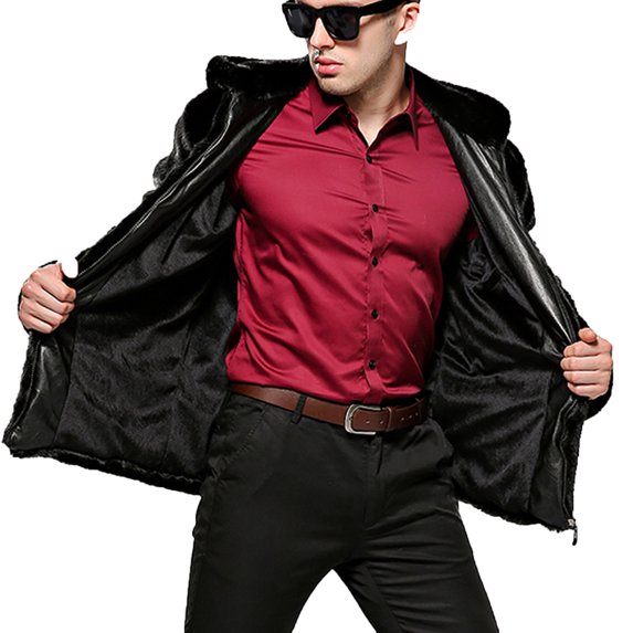 IROINNID Men's Long Sleeve Faux-fur Mid-Length Hooded Jacket Solid Color Casual Stand-up Collar Faux Cardigan Winter Jacket Coats