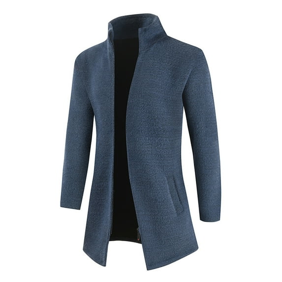 IROINNID Men's Long Sleeve Fleece Stand Collar Mid-Length Coat Solid Color Comfy Cardigan Stand-up Collar Pocket Sweater Coat