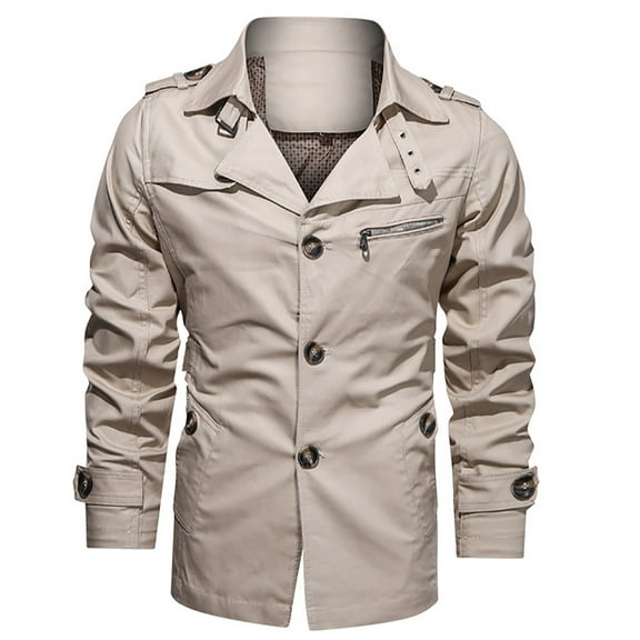 IROINNID Men's Long Sleeve Jacket Turndown Lapel Mid-Length Jacket Solid Color Leisure Autumn And Winter Tooling Wind Jacket Coat