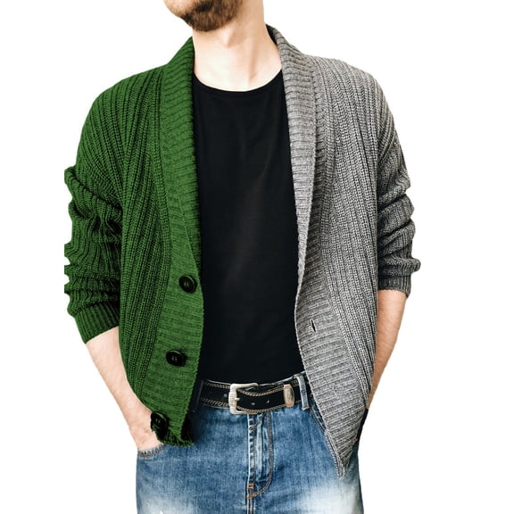 IROINNID Men's Long Sleeve Mid-Length Cardigan Jacket Contrast Color Casual Color Block Knitted Jacket Single Breasted Sweater