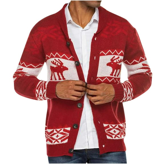 IROINNID Men's Long Sleeve Mid-Length Cardigan Jacket Graphic Prints Leisure Christmas Button Closure Knit Cardigan Stand Collar Sweater Jacket
