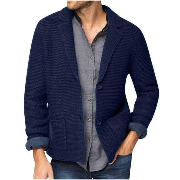 IROINNID Men's Long Sleeve Mid-Length Cardigan Jacket Solid Color Loose Button Closure Knit Cardigan Turndown Sweater Jacket