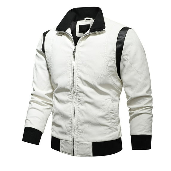 IROINNID Men's Long Sleeve Motorcycle Short Jacket Solid Color Casual Motorcycle Leather Winter Stand-up Collar Jacket Coats
