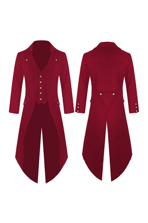 Men's Long Sleeve Notch Lapel Long Coat Solid Color Loose Coat Windbreaker Gothic Style Jacket Retro Halloween Coat(Red,S)