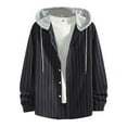 thumbnail image 1 of IROINNID Men's Long Sleeve Open Front Mid-Length Hooded Jacket Stripes Loose Turndown Cardigan Contrast Buttoned Shirt, 1 of 8