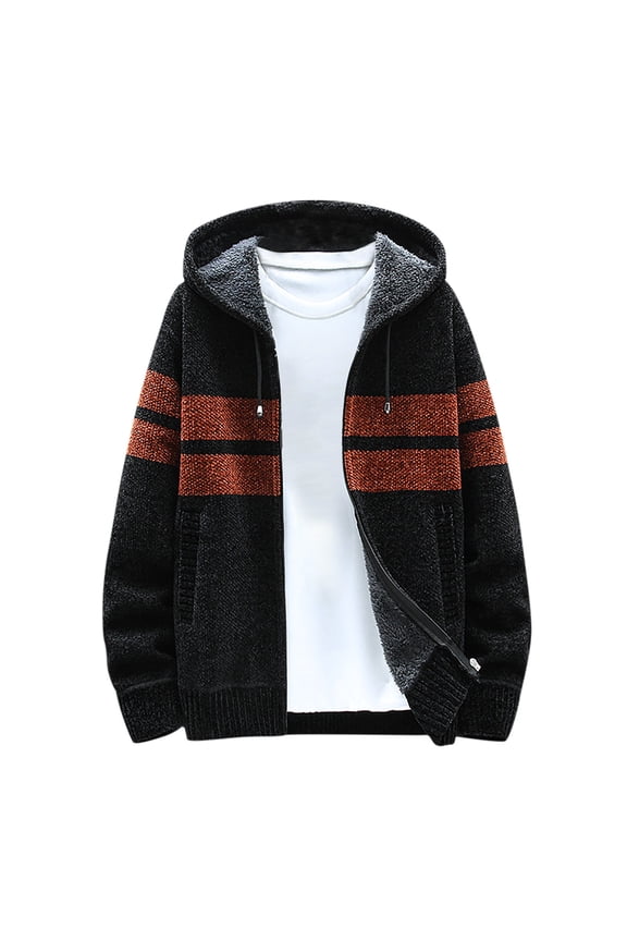 Men's Long Sleeve Plush Mid-Length Hooded Jacket Stripes Loose Patchwork Knitting Cardigan Sweater Coats