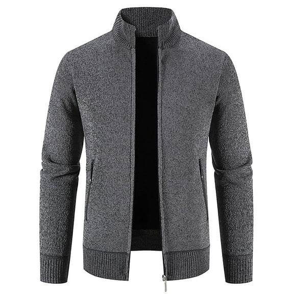 IROINNID Men's Long Sleeve Plush Mid-Length Jacket Solid Color Leisure Stand Collar Sweater Fleece Jacket