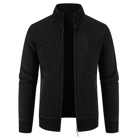 IROINNID Men's Long Sleeve Plush Mid-Length Jacket Solid Color Leisure Stand Collar Sweater Fleece Jacket