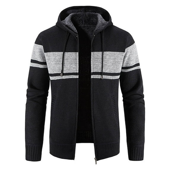 IROINNID Men's Long Sleeve Plush Mid-Length Jacket Stripes Loose Autumn And Winter Stand Collar Sweater Fleece Jacket