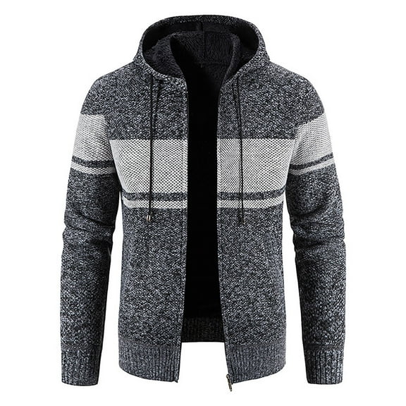 IROINNID Men's Long Sleeve Plush Mid-Length Jacket Stripes Loose Autumn And Winter Stand Collar Sweater Fleece Jacket