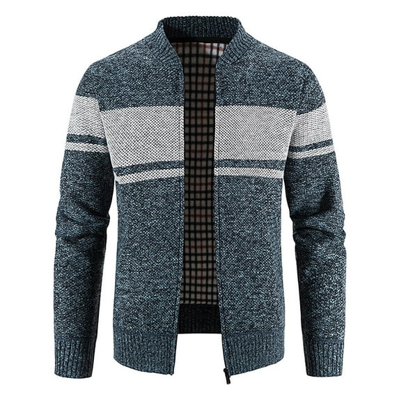 IROINNID Men's Long Sleeve Plush Mid-Length Jacket Stripes Loose Autumn And Winter Sweater Fleece Jacket