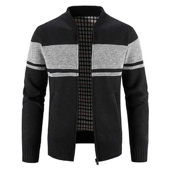 IROINNID Men's Long Sleeve Plush Mid-Length Jacket Stripes Loose Autumn And Winter Sweater Fleece Jacket