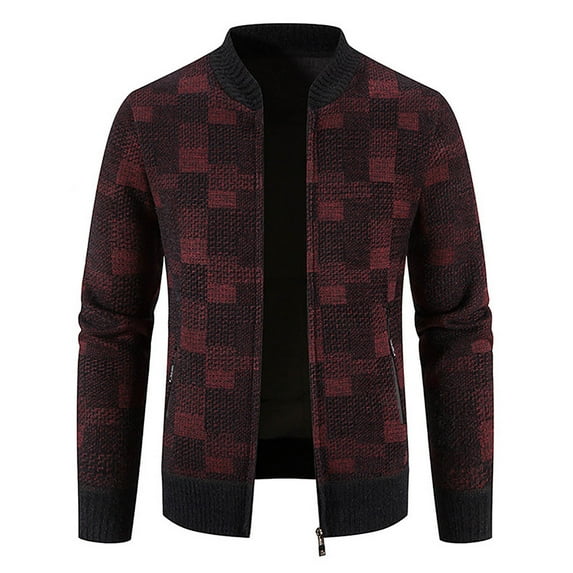 IROINNID Men's Long Sleeve Plush Short Jacket Plaid Comfy Autumn And Winter Stand Collar Sweater Fleece Jacket