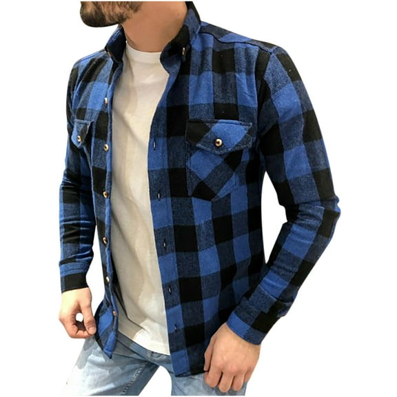 IROINNID Men's Long Sleeve Shacket Turndown Lapel Hip-Length Jacket Plaid Loose Collar Shirt Jacket Top