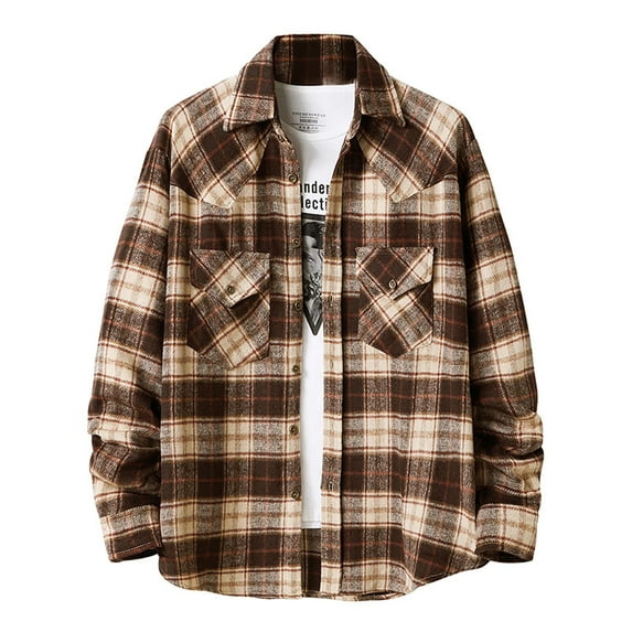 IROINNID Men's Long Sleeve Shacket Turndown Lapel Mid-Length Jacket Plaid Comfy Flannel Turndown Collar Buttons Coat Shirt