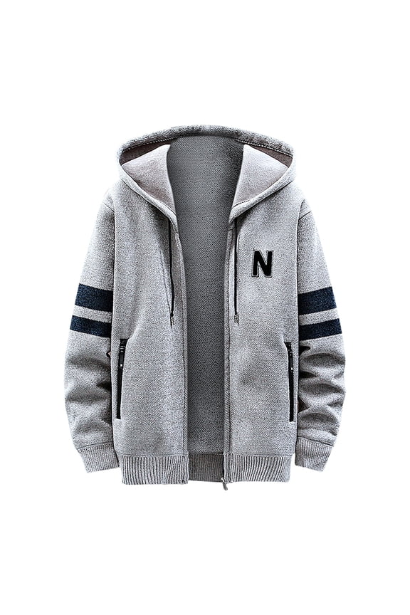 Men's Long Sleeve Shearling Mid-Length Hooded Jacket Stripes Leisure Patchwork Knitting Cardigan Sweater Coats